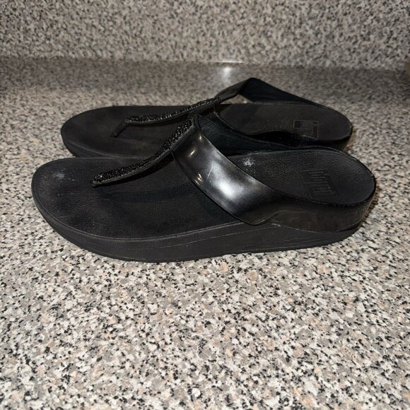 FitFlop Shoes - FITFLOP LULU Black Shimmer Glitzy Sequin Wedge Thong Sandals Women's Size 9